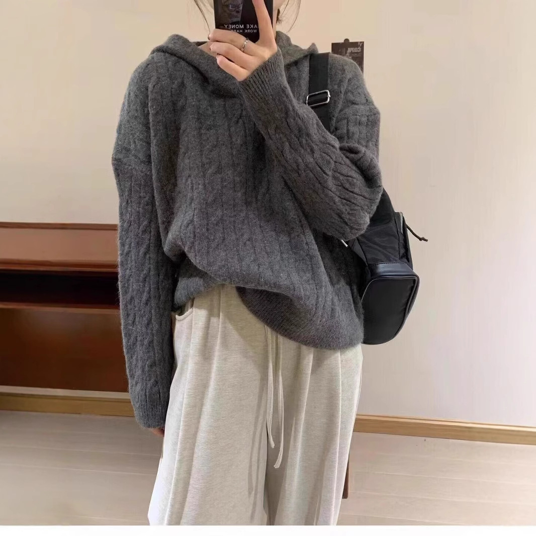 100羊毛连帽针织衫女冬休闲慵懒麻花帽衫毛衣显瘦内搭休闲羊绒潮白底实物图