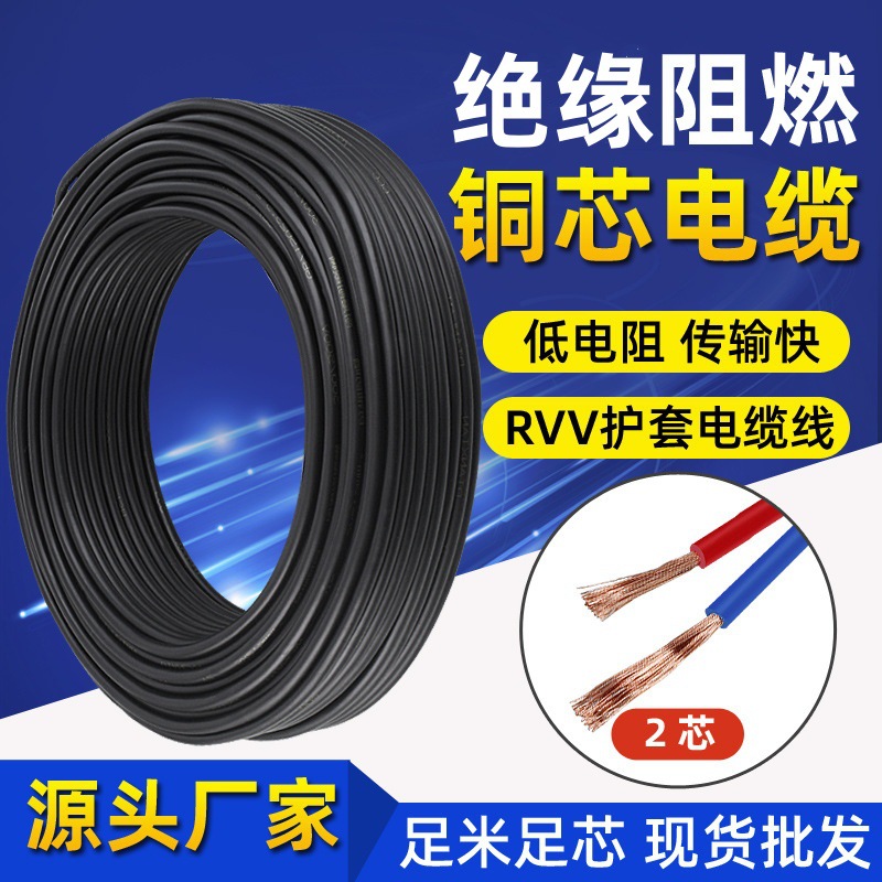 RVV flexible sheathed wire 2-core 1/2.5/4/6 square copper core cable for home decoration project flame-retardant power cord wholesale