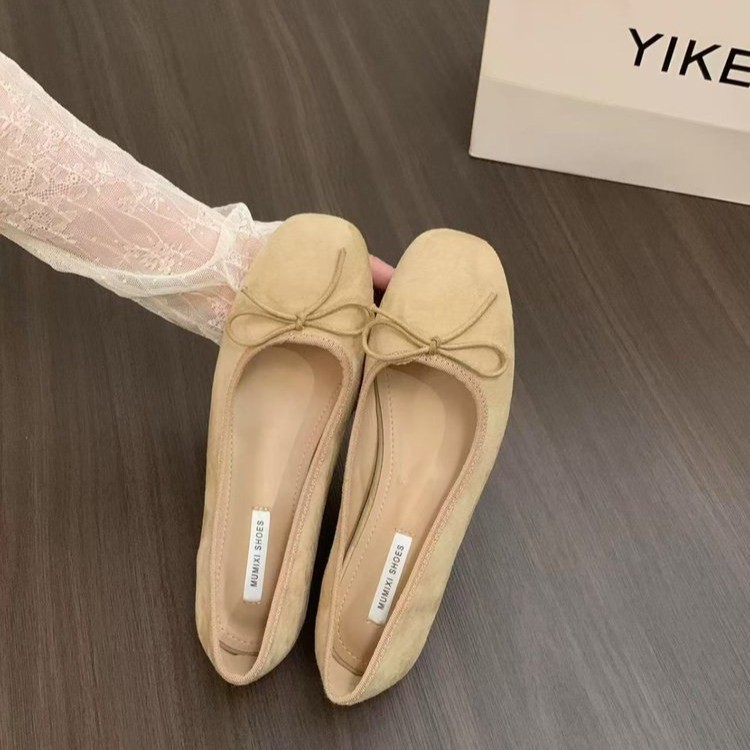 French insole height-increasing shoes, suede ballet single shoes for women, 2025 new spring and autumn style, bow red evening shoes Item Picture