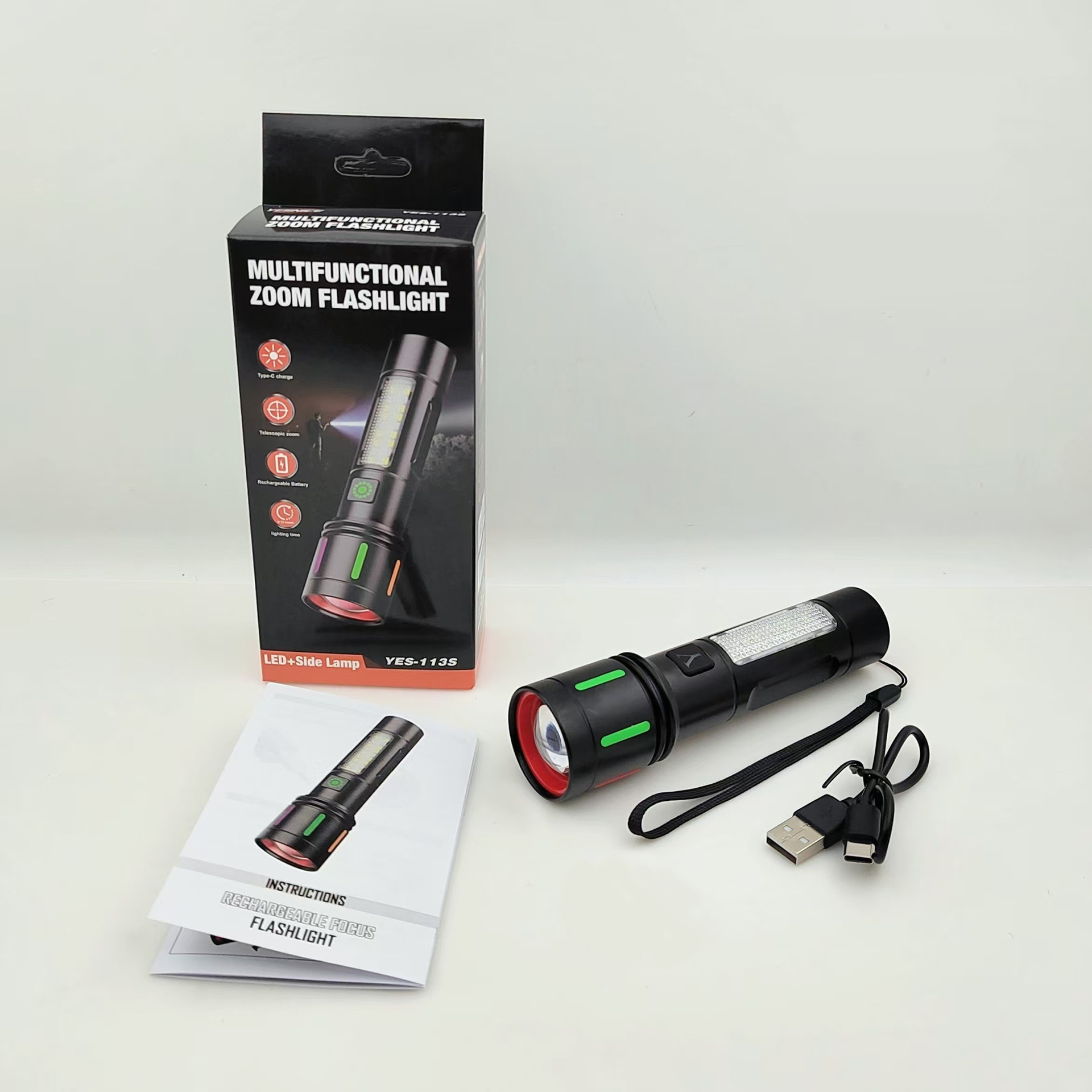 The new white laser high-intensity flashlight is a multi-functional USB charging fluorescent side light with digital display warning function Specification image