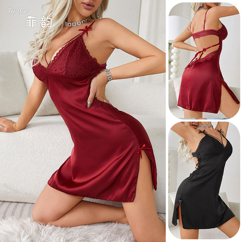 Feiyun Cross-border European and American Sex Lingerie, Sexy satin pajamas, Lace embroidered halter nightgowns, women's home wear 663