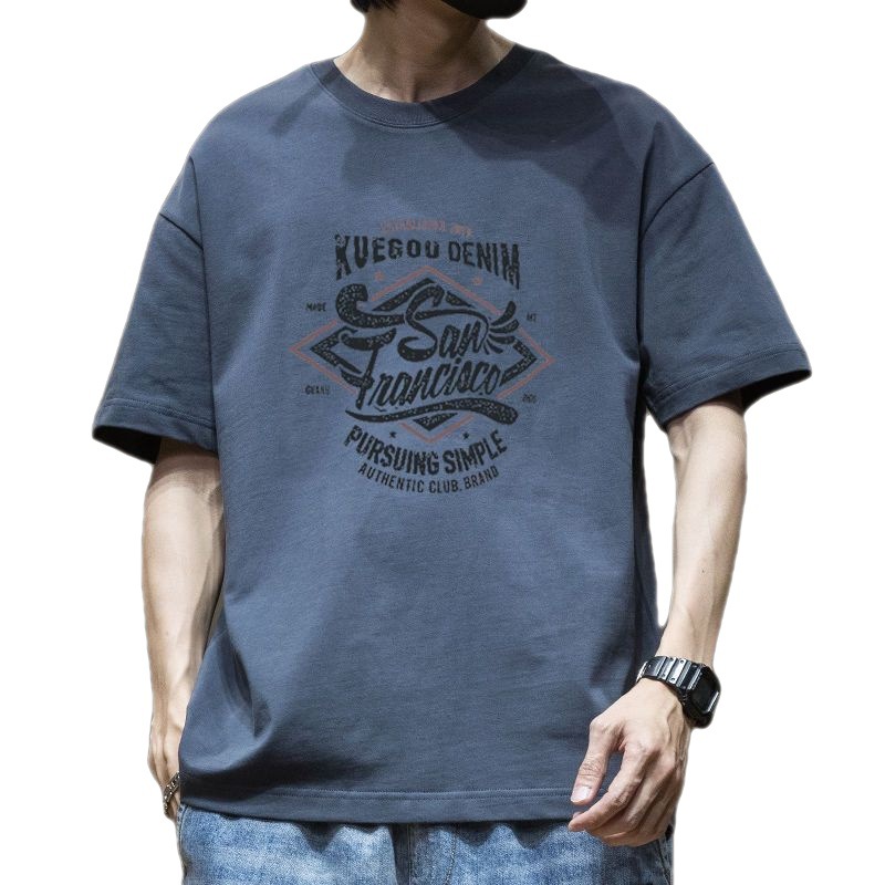 White short-sleeved men's half-sleeved T-shirt with loose print, retro round neck and letter, large-sized American style, a heavyweight Instagram Item Picture