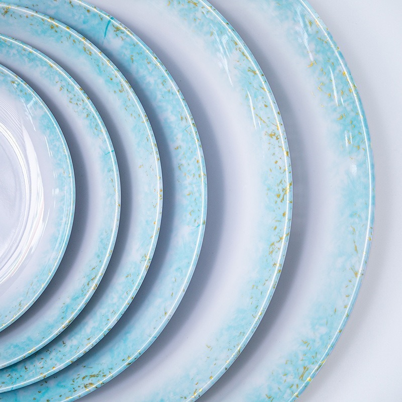 Custom-made melamine high-end imitation porcelain tableware, round plates, deep plates, commercial plates for restaurants and hotels, blue plastic plates Specification drawing