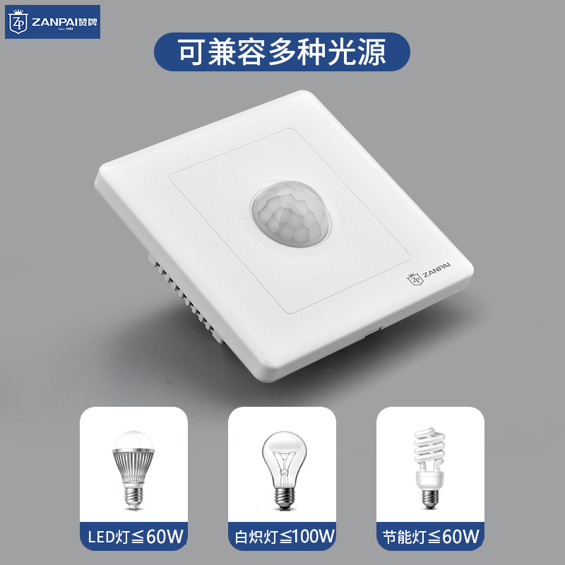 赞牌220V智能自动二线延时楼道LED红外线人体感应开关带光控面板产品图