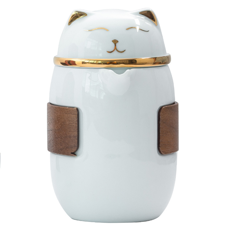 【 Maneki Neko 】 Quick Guest Cup Ceramic Travel Tea Set, one pot, three cups Gongfu tea set, portable and easy to carry for tea brewing Item Picture
