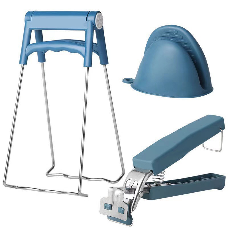 防烫夹厨房提盘器取碗夹砂锅取碗神器防滑垫不锈钢厨房硅胶三件套白底实物图