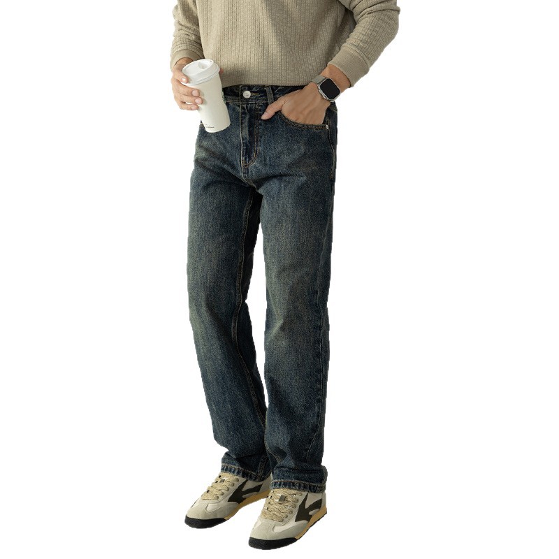 【 Retro and Nostalgic Style 】 Classic washed distressed blue jeans for men, slightly wide straight-leg trousers, comfortable and high-end Item Picture
