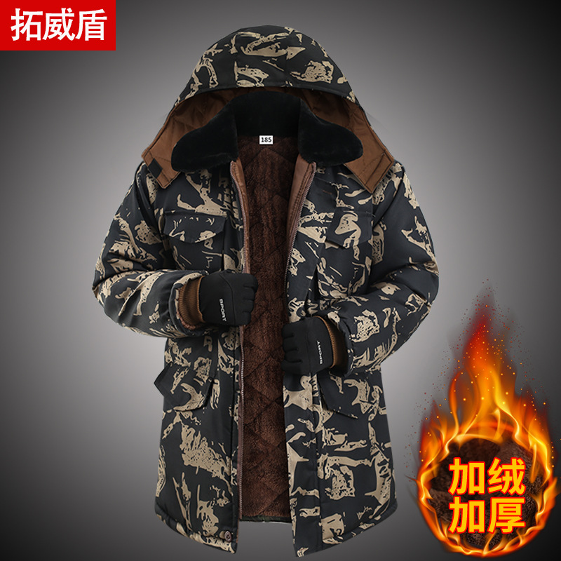 Winter cotton-padded jacket for men, thickened with fleece, camouflage, mid-length, cold storage construction site cold-proof clothing, labor protection, off-season work cotton-padded jacket Application Scenario