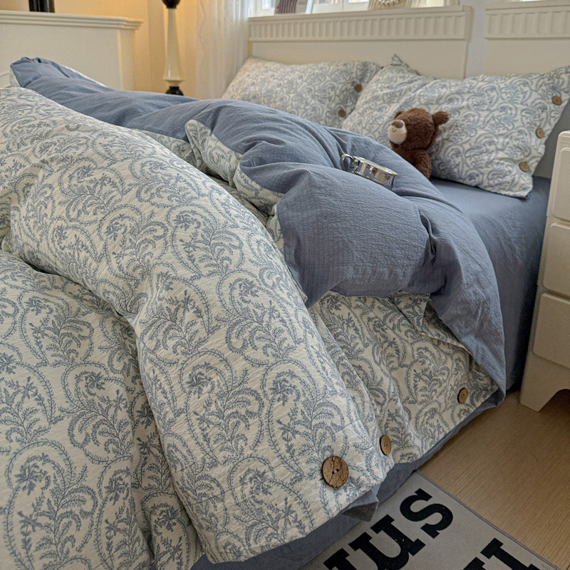 全棉原麻四件套碎花复古纽扣款纯棉床笠单被罩宿舍三件套床上用品