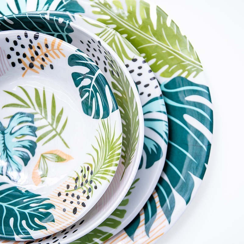 New green plant bowls and plates, melamine tableware, Nordic-style bowls, plates, trays, chopsticks, bowls and plates, household wholesale Application Scenario