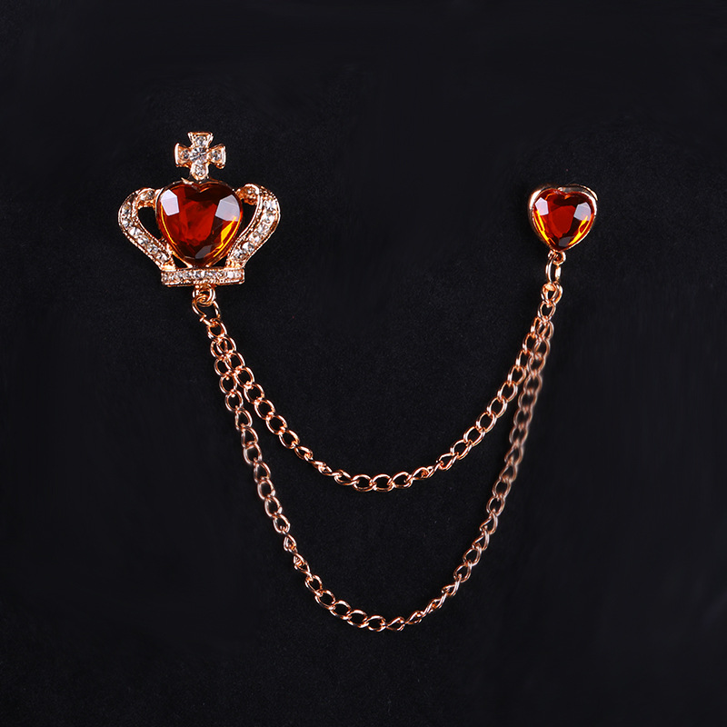 英伦领针金属水晶毛衣链条胸饰皇冠西服别针高档外套带链胸针