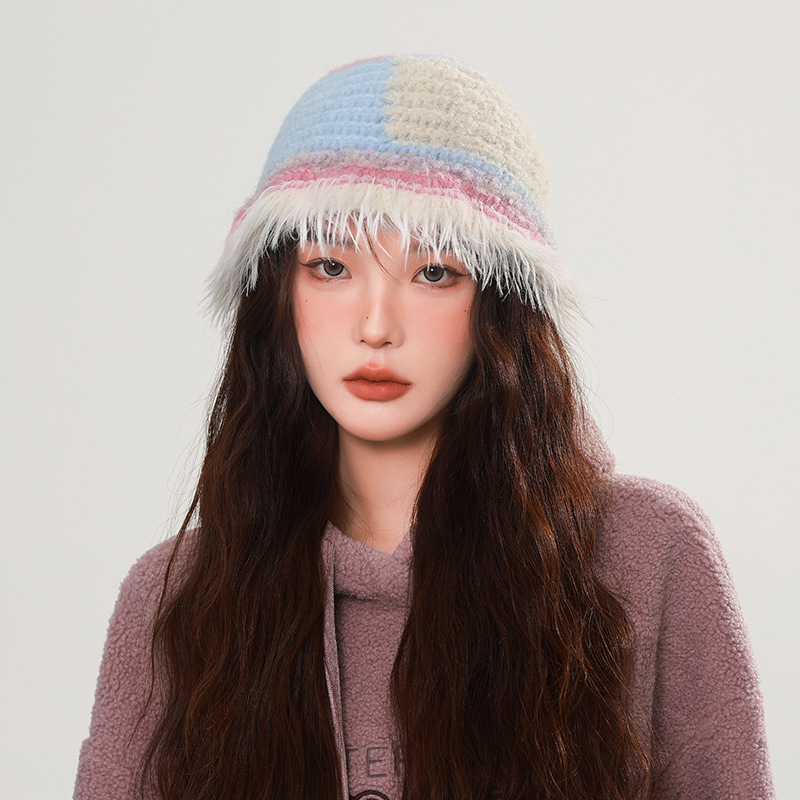 Dopamine woolen cap for women, big head circumference to show face, warm in autumn and winter, rainbow knitted ear-protecting fisherman's hat, bucket cold hat