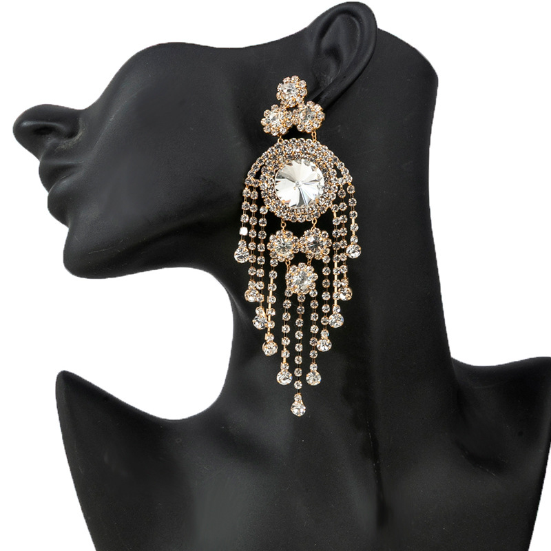 European and American luxury heavy industry colorful tassel earrings, exaggerated and gorgeous water diamond earrings, long women's style, elegant and trendy, individual geometric full diamond earrings, cross-border wholesale details Picture