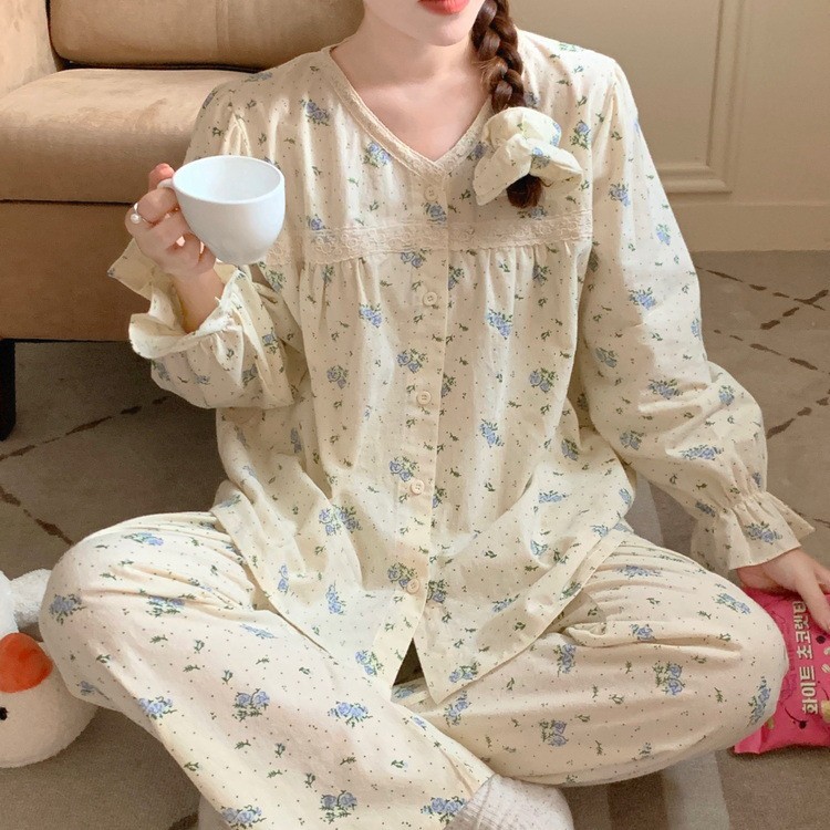 法式田园风碎花蕾丝V领开衫睡裙秋季新款甜美长袖宽松睡衣套装女