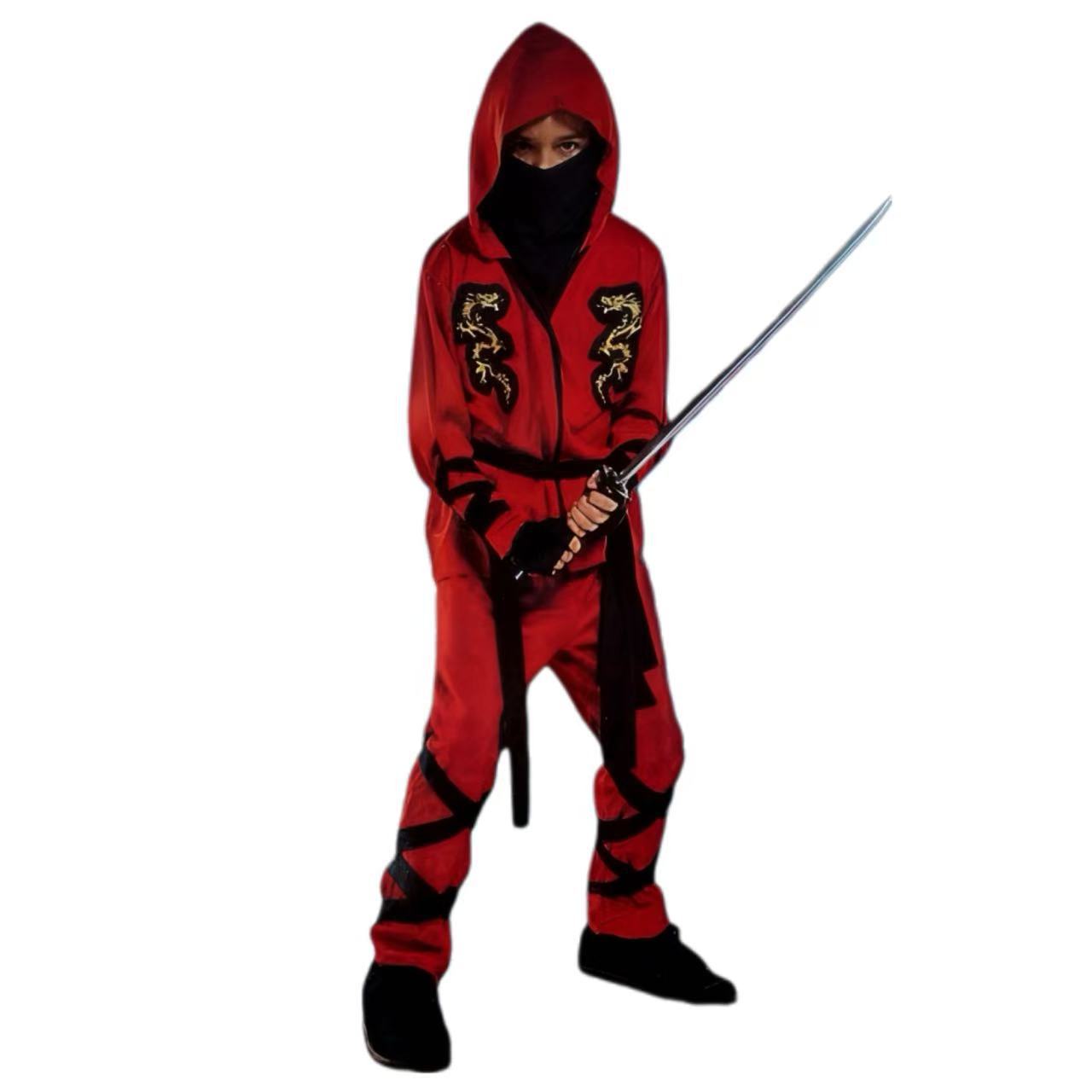 万圣节儿童忍者扮演服装Ninja日本忍者红色铠甲龙服刺客套装白底实物图
