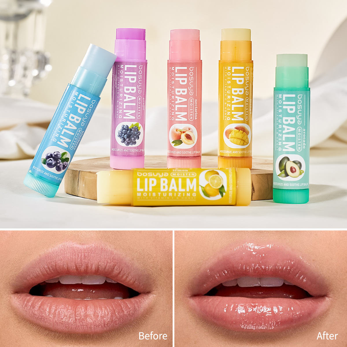 Cross-border exclusive bosuya Lip balm set, 6-tube fruit-flavored lip balm for moisturizing lip care wholesale Application Scenario