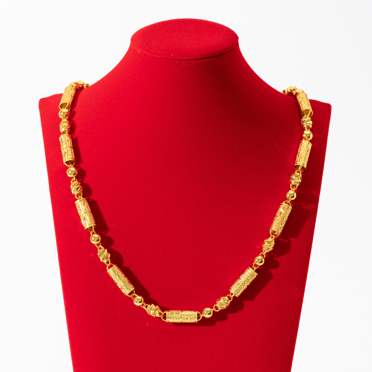 跨境男士霸气铜镀金饰品桶珠佛珠实心项链高级感百搭个性首饰潮流