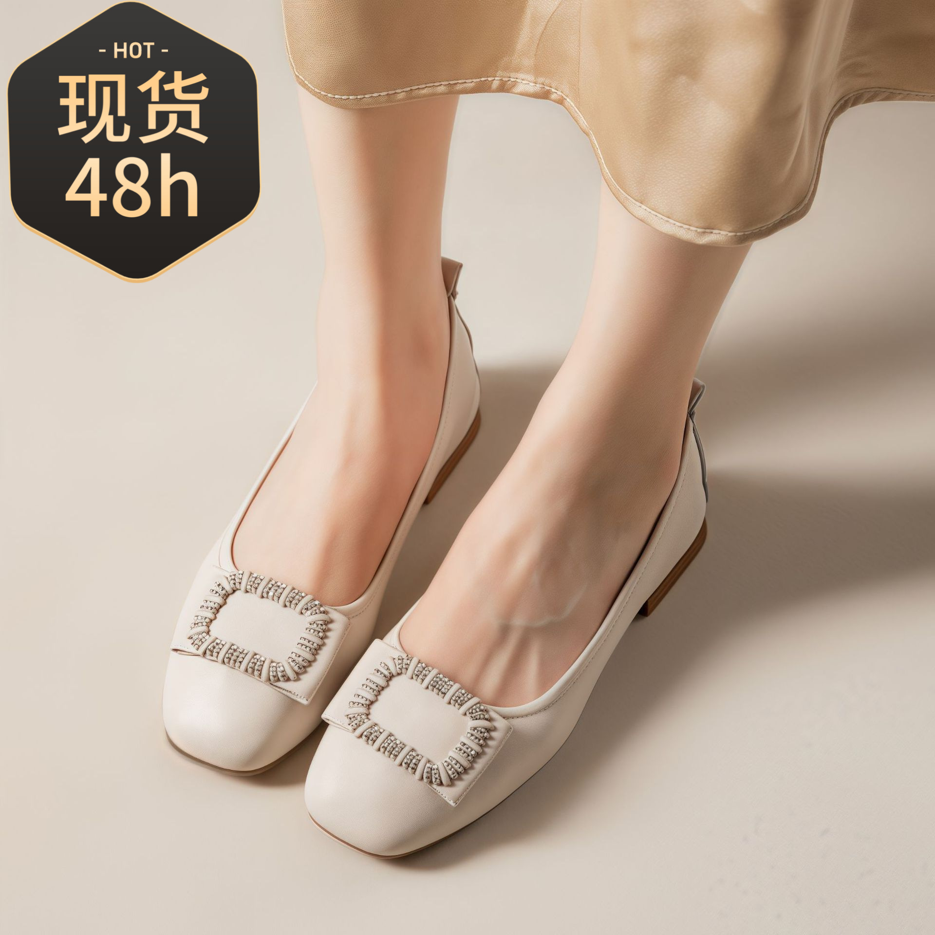 2025春夏新款真皮平底单鞋尖头浅口方扣豆豆鞋时尚四季妈妈女鞋