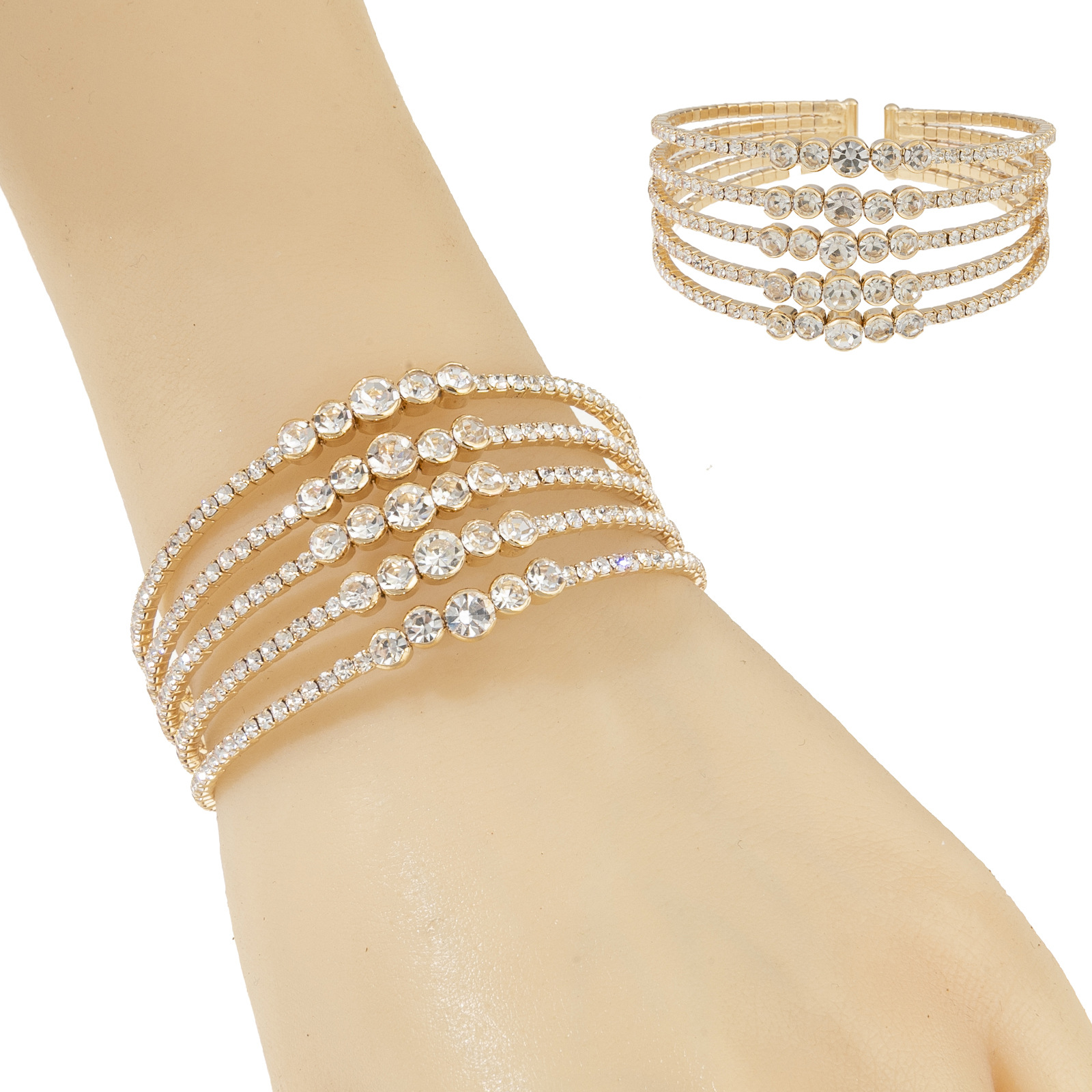 Factory wholesale cross-border 5-row luxurious water diamond elastic open bracelet, full diamond creative and fashionable design sense jewelry details Picture