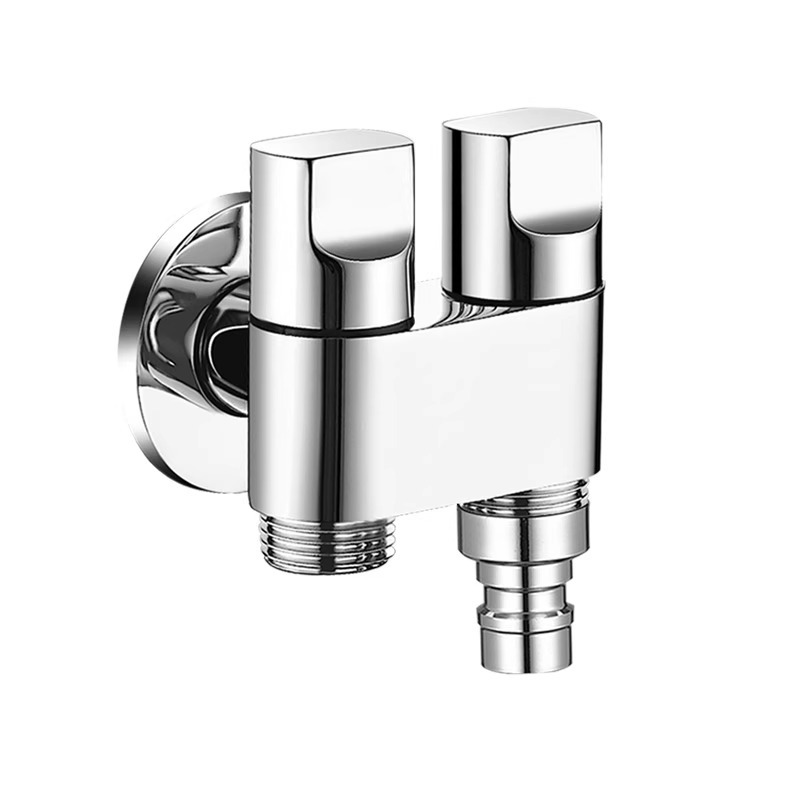 全铜三通分水阀一进二出水龙头一分二接头洗衣机自动止水双控角阀白底实物图