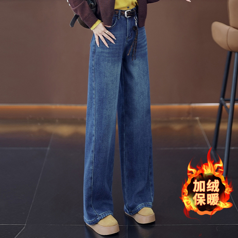 Denim blue fashionable narrow style jeans for women 2025 autumn/winter new high-waisted, slimming, fleece warm, casual straight-leg pants details Picture