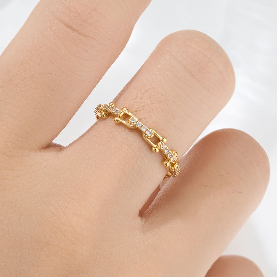 Source factory light luxury horseshoe buckle chain opening ring, copper alloy real gold electroplated with zirconium adjustable index finger ring details Picture