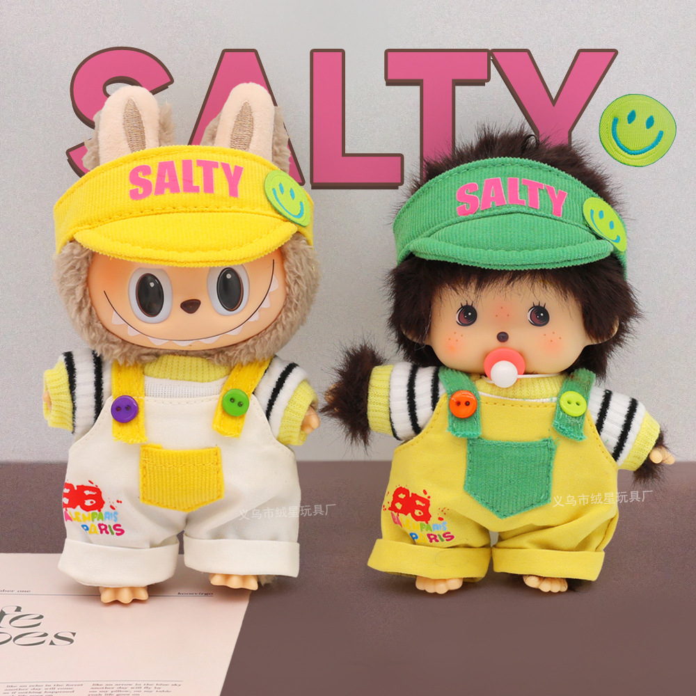 新款娃衣卡通笑脸鸭舌帽潮搭撞色上衣T背带裤套装玩偶娃娃替换装