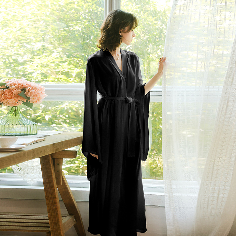 Feiyun satin long lace-up sexy bathrobe for women, multi-color flared sleeves, light luxury bridal morning gown and home wear 1103 details Picture