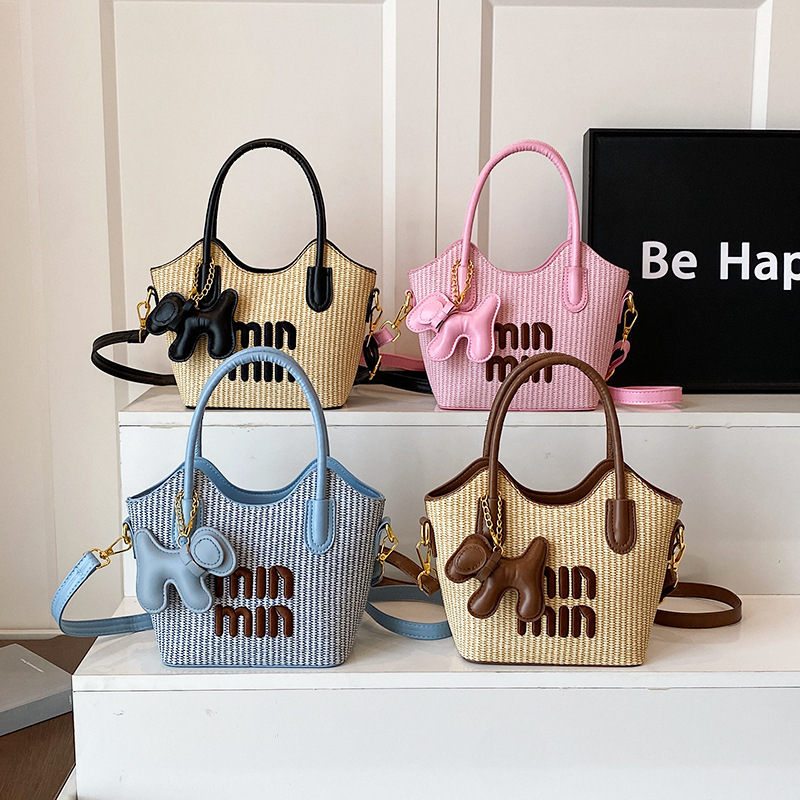 Cross-Border Straw Weaving Bag, High Appearance Level Handbag, Straw Weaving Fashionable Bag, Bucket, High-End Lightweight, Single-Shoulder Vacation Crossbody Bag, Handcrafted Straw Weaving Bag