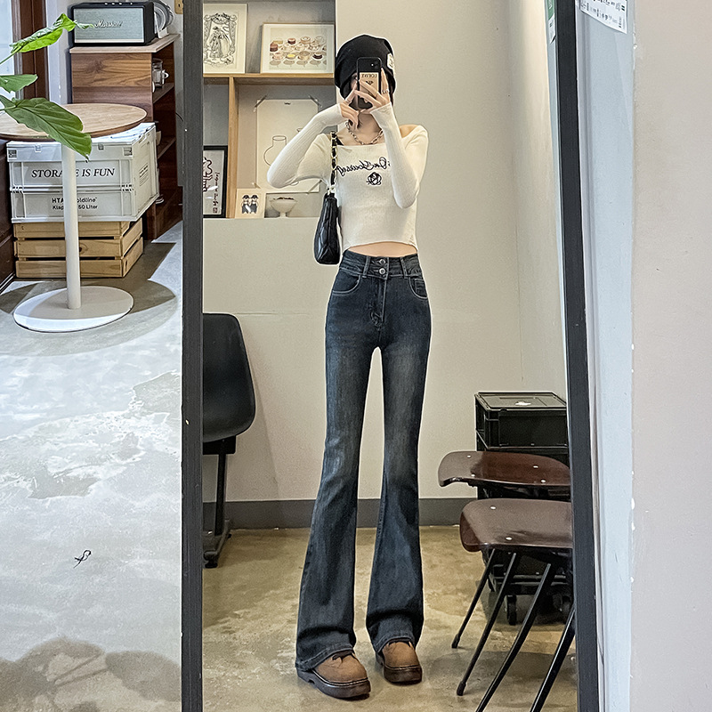 秋季新款双扣微喇牛仔裤女高腰修身小个子显高显瘦弹力喇叭裤