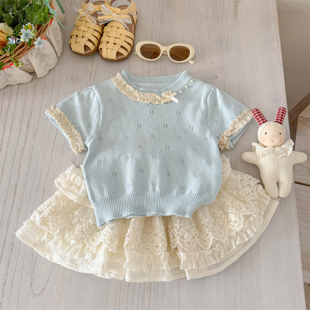 【小咸柠七】女童甜美套装针织短袖T恤蕾丝女宝蛋糕半身裙两件套