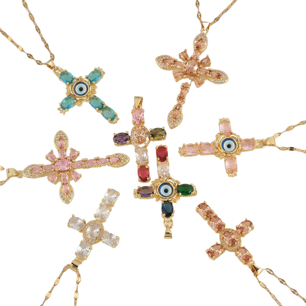 Cross-border Honglu copper micro-inlaid zircon European and American colored cross pendant, versatile and elegant lip chain wholesale Item Picture