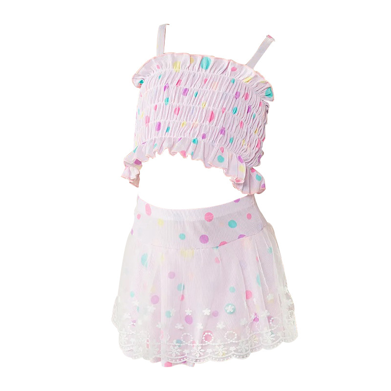 Playful and colorful polka dot halter mini swimsuit for big kids, girls, children's swimsuit, holding an apple background swimming ring decoration, NT $866803 Item Picture