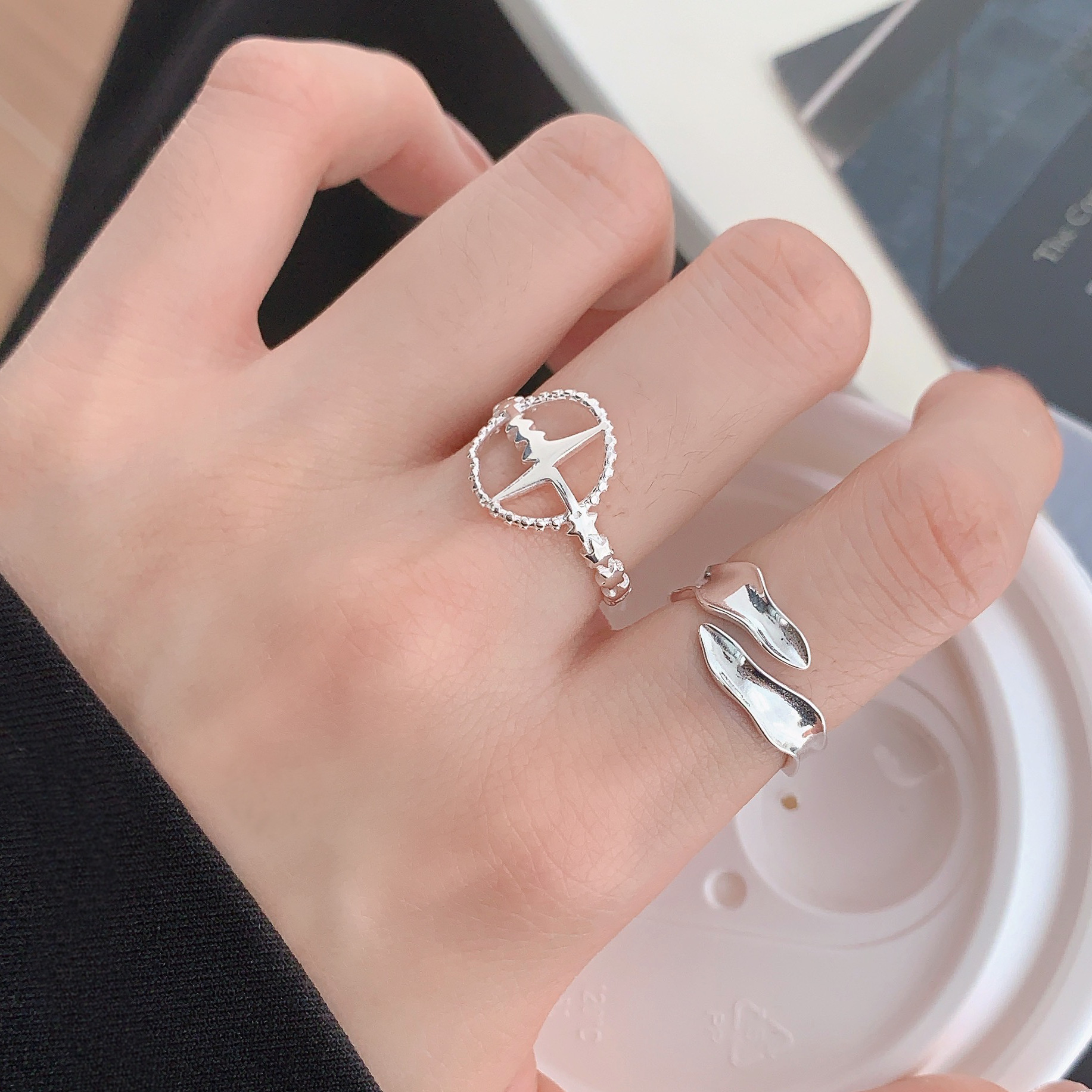 Geometric irregular 12.16 wave ring S925 sterling silver simple and niche heartbeat ring design, cold style adjustable
