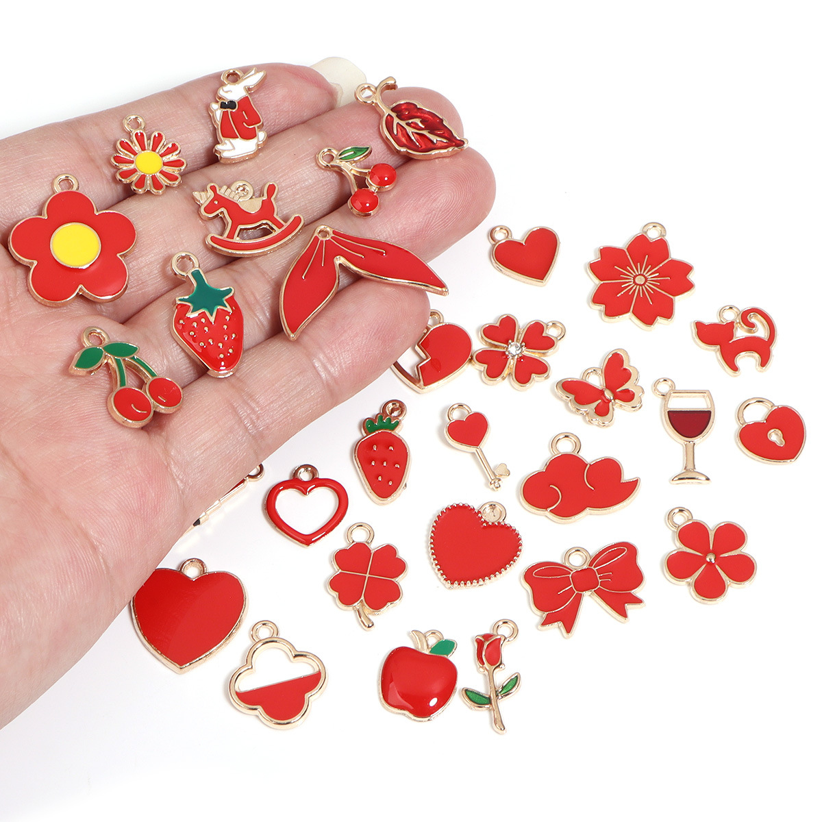 Cross-border Red series alloy oil Drip DIY jewelry accessories Cherry Bow Heart keychain earrings Pendant details Picture