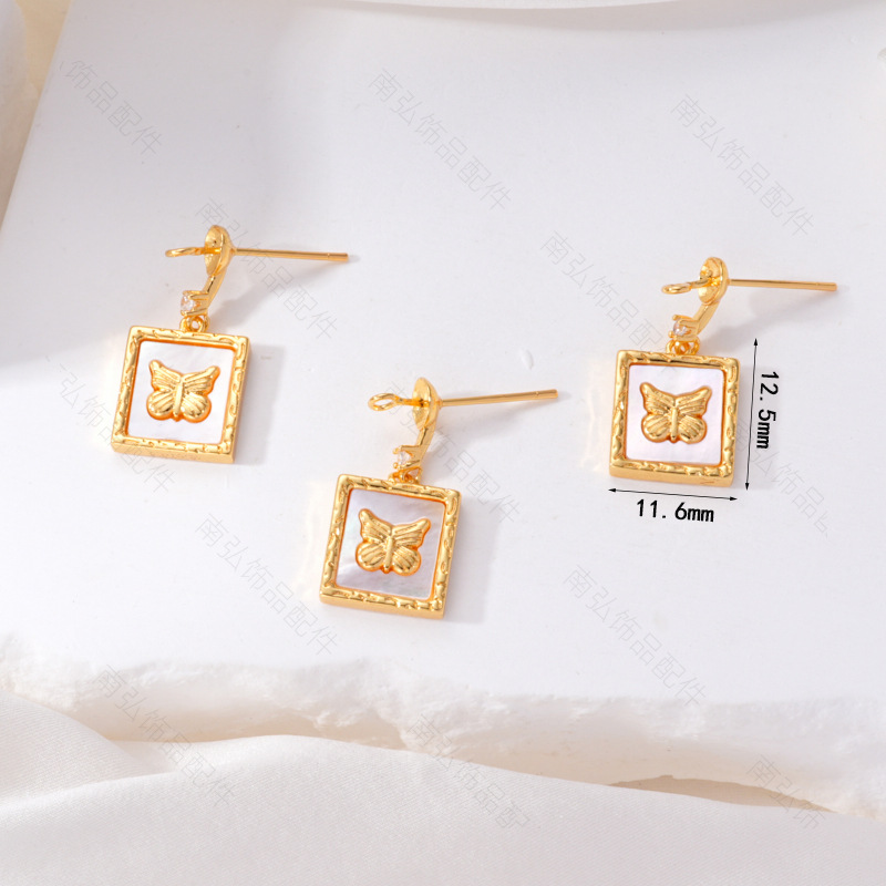 S925 Silver Needle Pearl Stud Earrings, micro-inlaid natural white shell butterfly semi-finished earrings, hollow base diy accessories