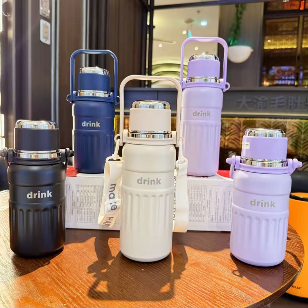 保温杯不锈钢大容量水杯刻字背带吸管直饮学生户外水壶礼品泡茶杯