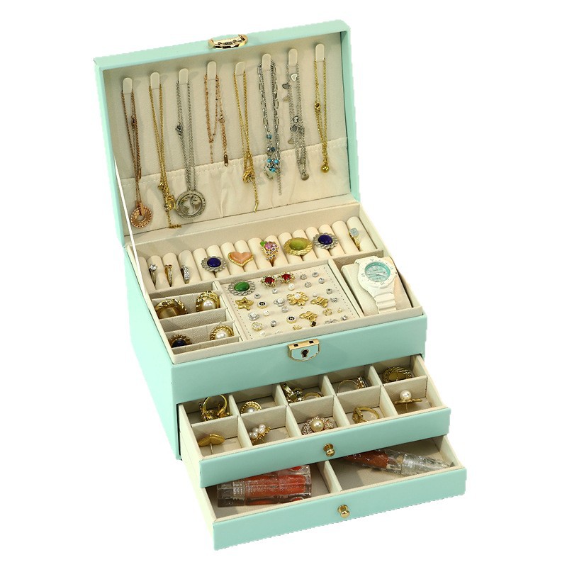 首饰盒三层带锁精致皮革大容量多层收纳首饰多功能家用防尘批发白底实物图