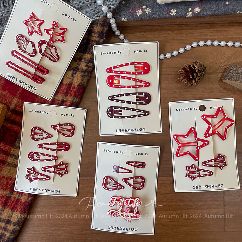 New Korean-style red five-pointed star hair clip, handcrafted children's heart-shaped side fringe clip, geometric hair accessory, Korean-style Serendipity red hair clip set, polka dot heart-shaped star autumn details Picture