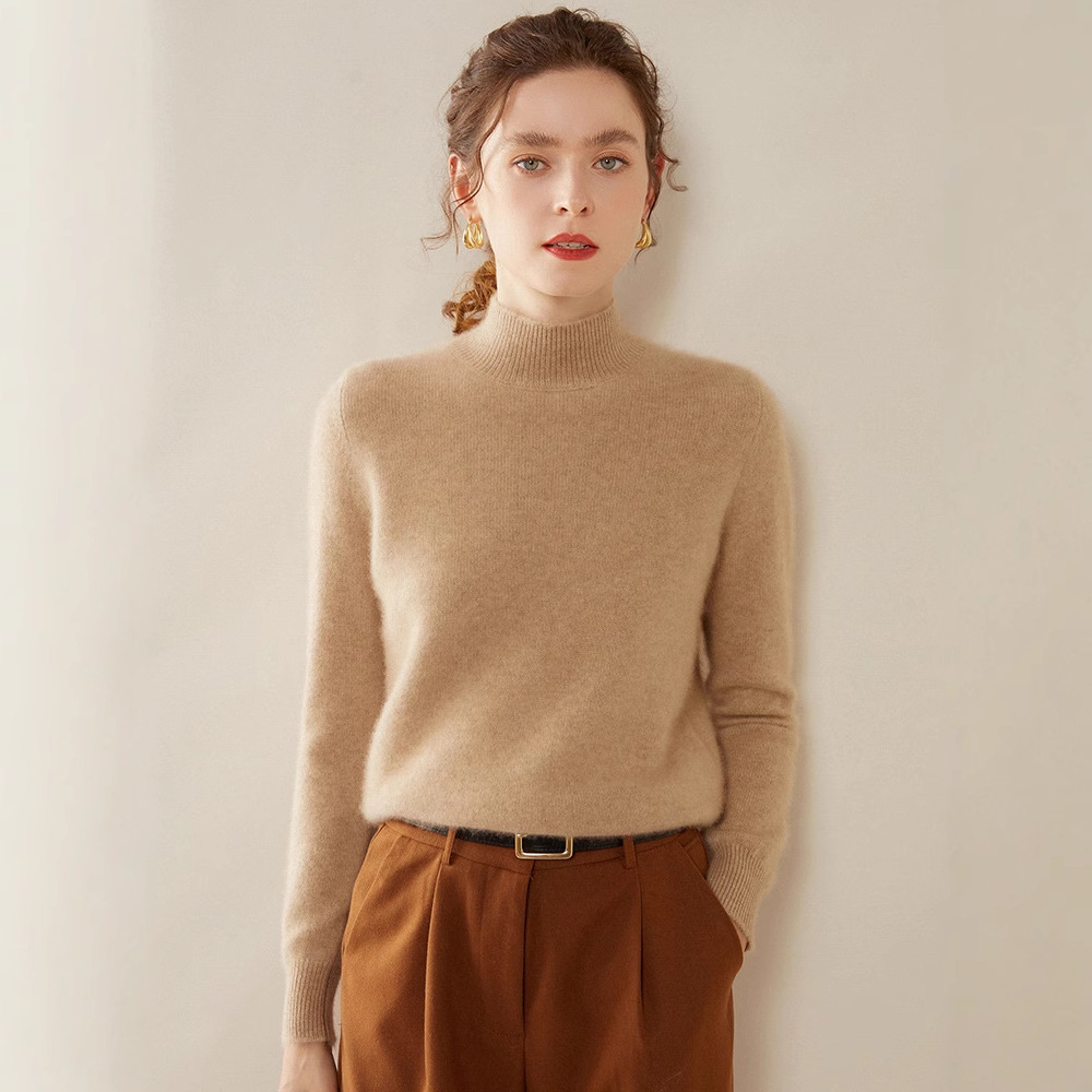 Semi-high-neck cashmere sweater for women, thick solid color, versatile, loose, slimming, soft and skin-friendly, autumn and winter knitted base sweater details Picture