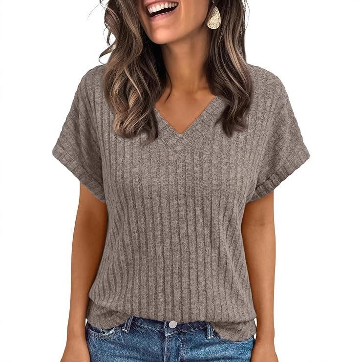 2025 European and American Cross-border summer top Women's short-sleeved casual V-neck pullover T-shirt details Picture
