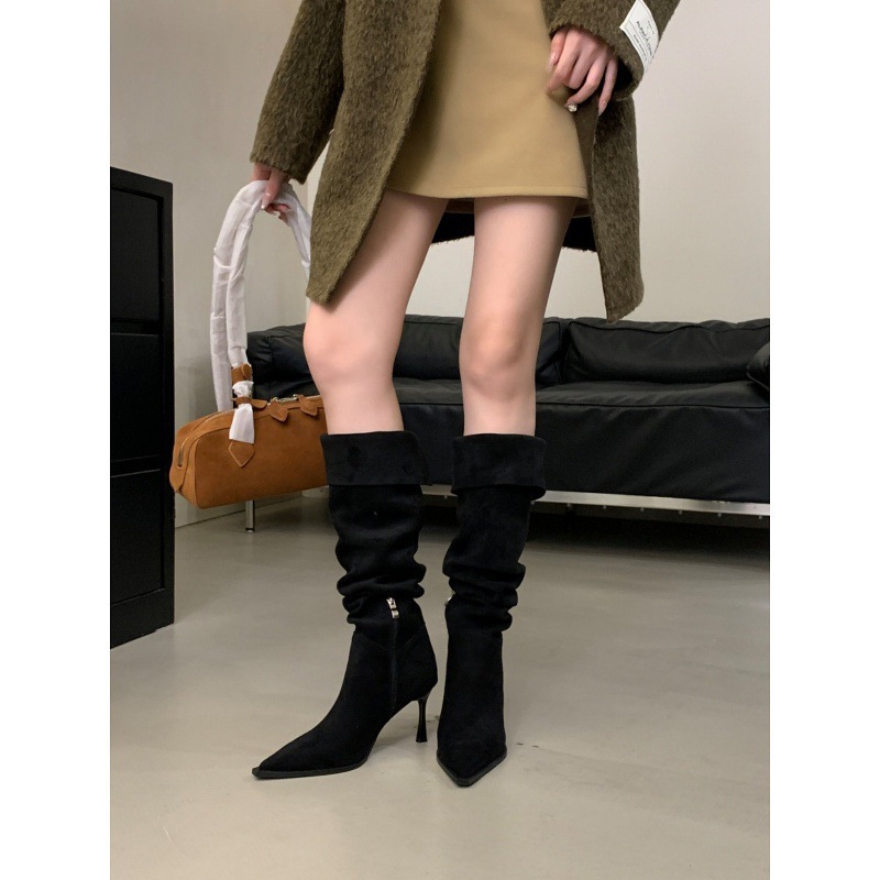 法式一靴多穿高细跟尖头堆堆过膝靴女春秋款侧拉链复古瘦瘦过膝靴详情图4