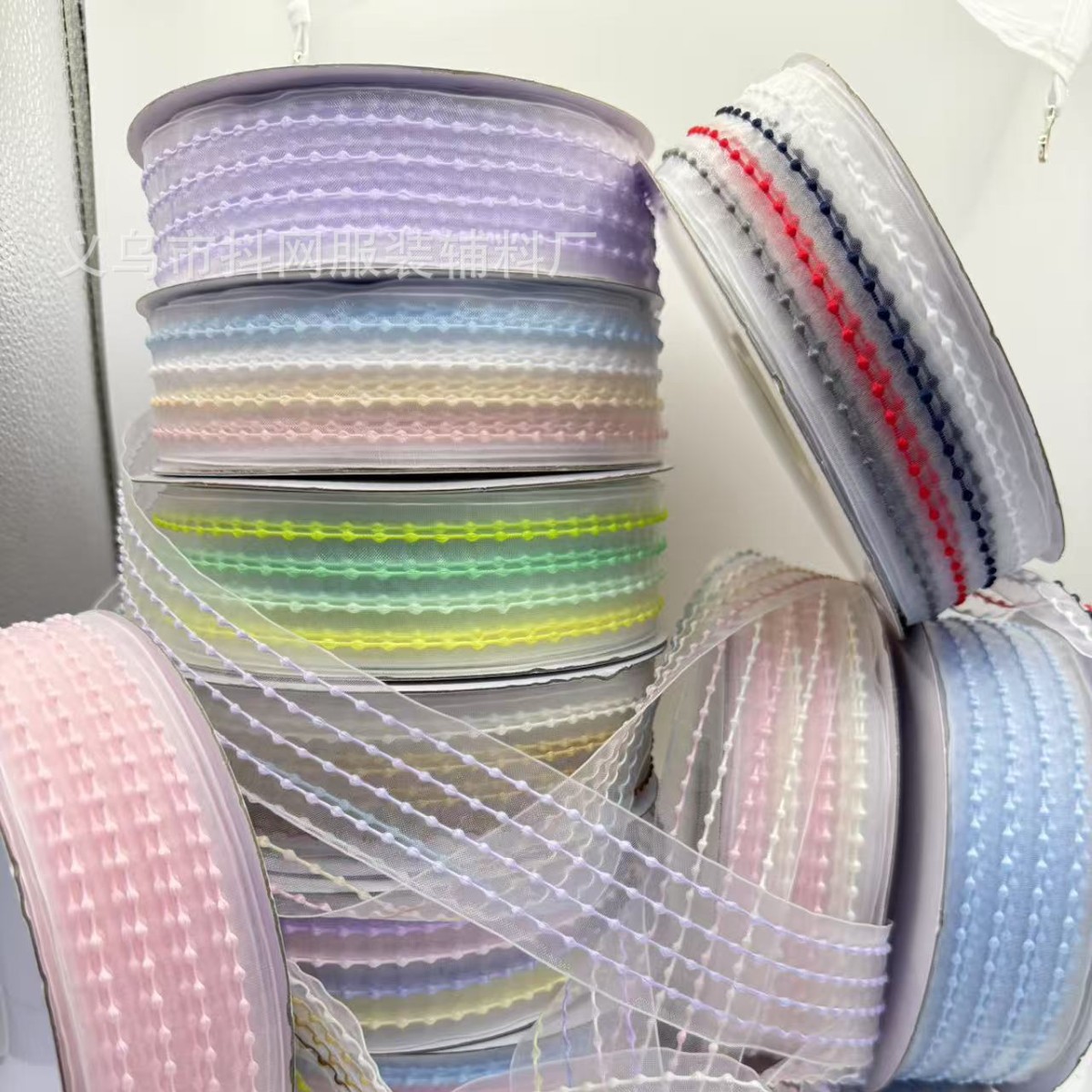 Wholesale of four-color striped transparent snow gauze webbing, diy bow hair accessory accessories, flower packaging ribbons details Picture