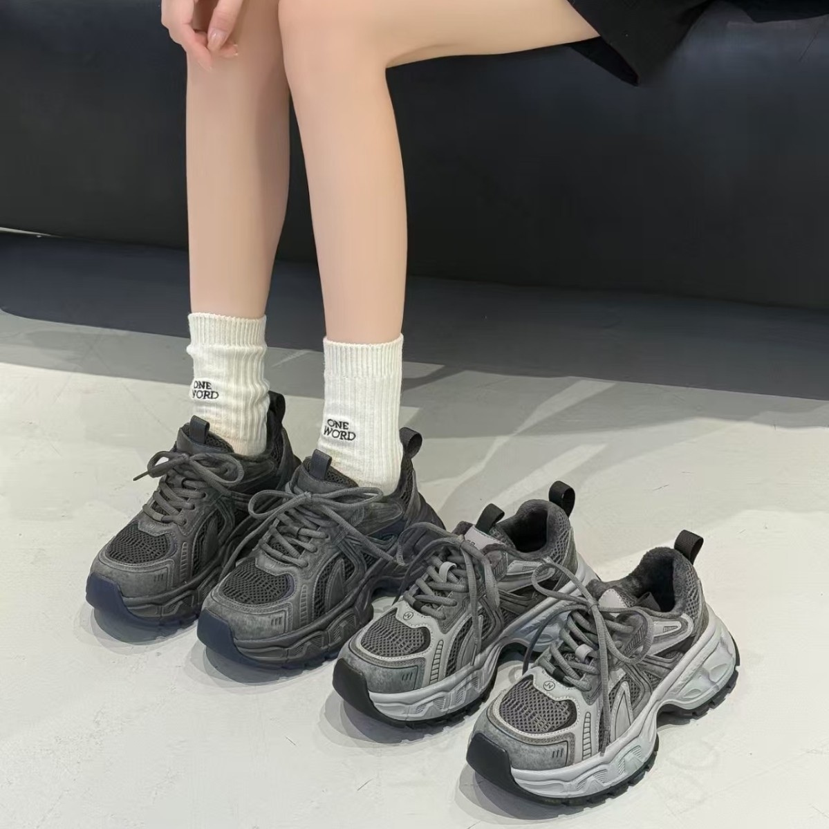 Fleece dad shoes for women 2025 autumn/Winter new retro genuine leather sports casual shoes, versatile thick-soled color-blocking running shoes