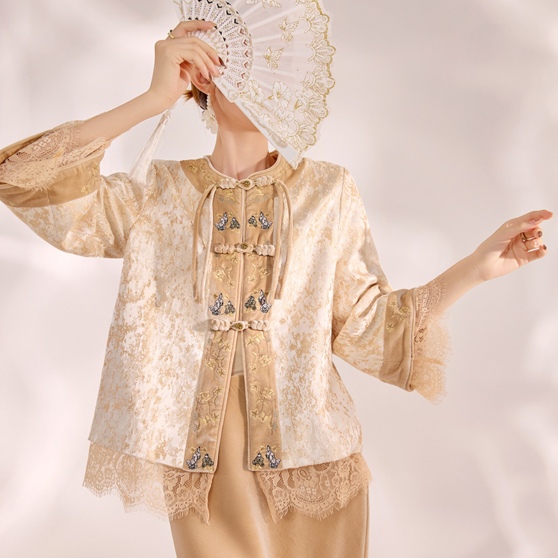 冬季2025新款国风气质轻奢蕾丝袖设计新中式上衣半裙套装女 MX103产品图