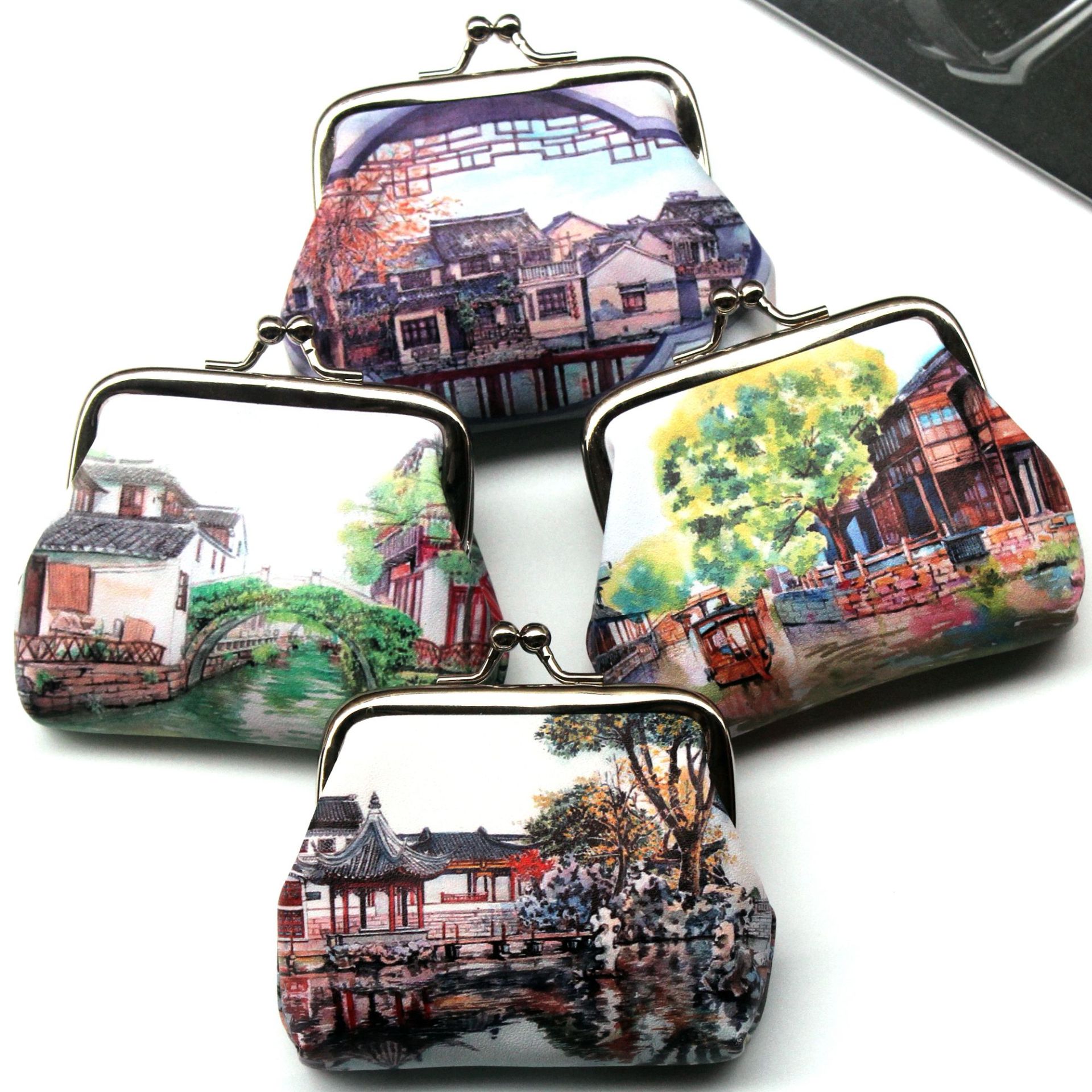 复古怀旧古镇风景印花女士零钱包学生硬币包3D创意搭扣饺子小钱包