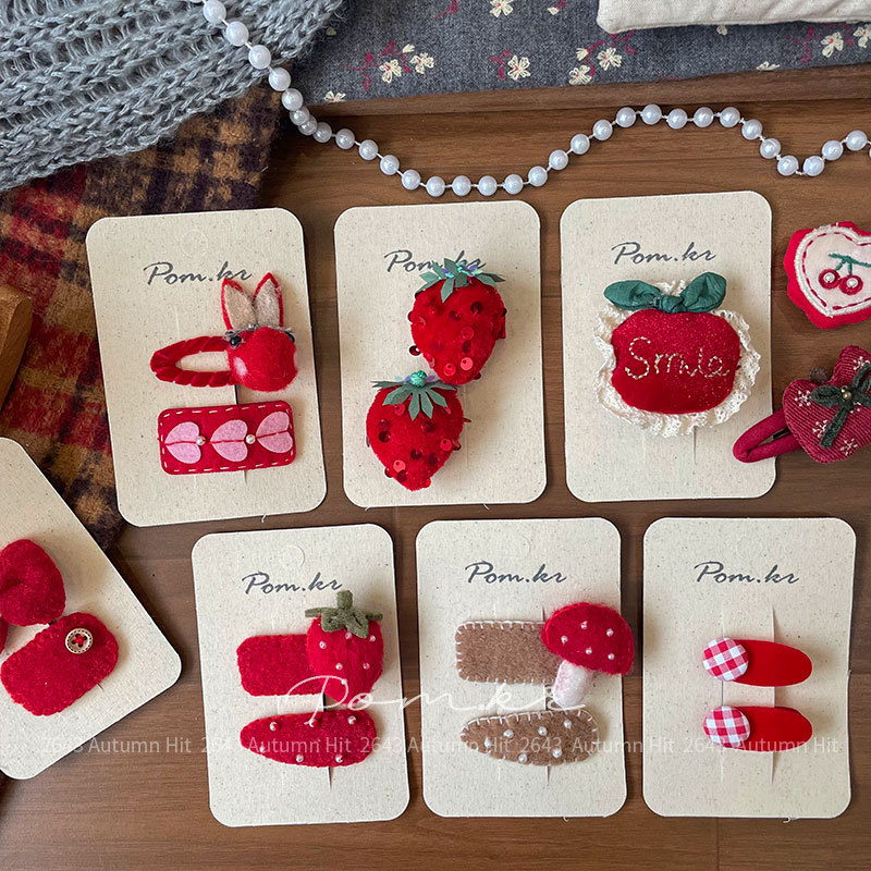 Nuevo coreano colección otoño invierno rojo atado paño mano hacer horquilla niño dulce par montado lateral pelo roto pinza pinza accesorios para el pelo Pom.kr rojo atado horquilla set fresa conejo manzana seta otoño dulce dulce adolescente Application Scenario