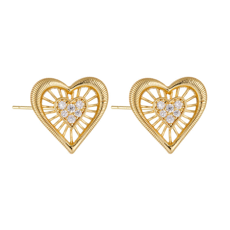 Light luxury and high-end hollowed-out heart-shaped earrings, copper alloy, real gold electroplated with zircon s925 silver needle, versatile women's earrings Item Picture