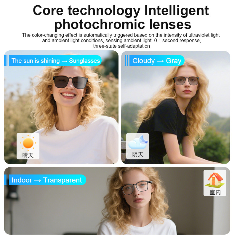 ai translation smart glasses, photochromic Bluetooth, music listening, call, multi-functional driving audio glasses details Picture