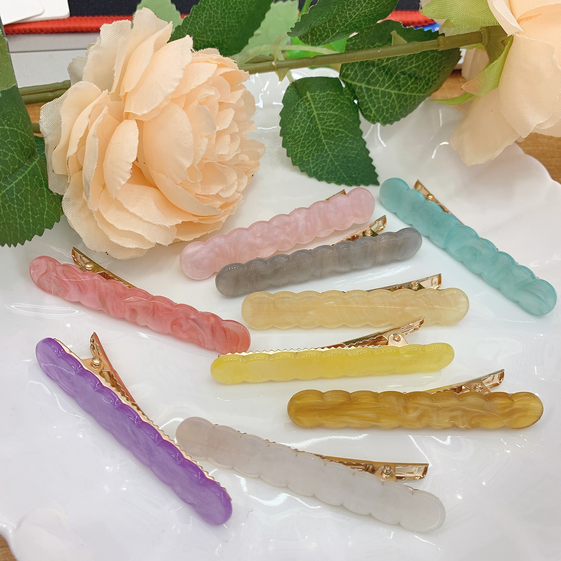 小清新糖果色波浪花边发夹边夹少女心彩色亚克力鸭嘴夹刘海夹韩版